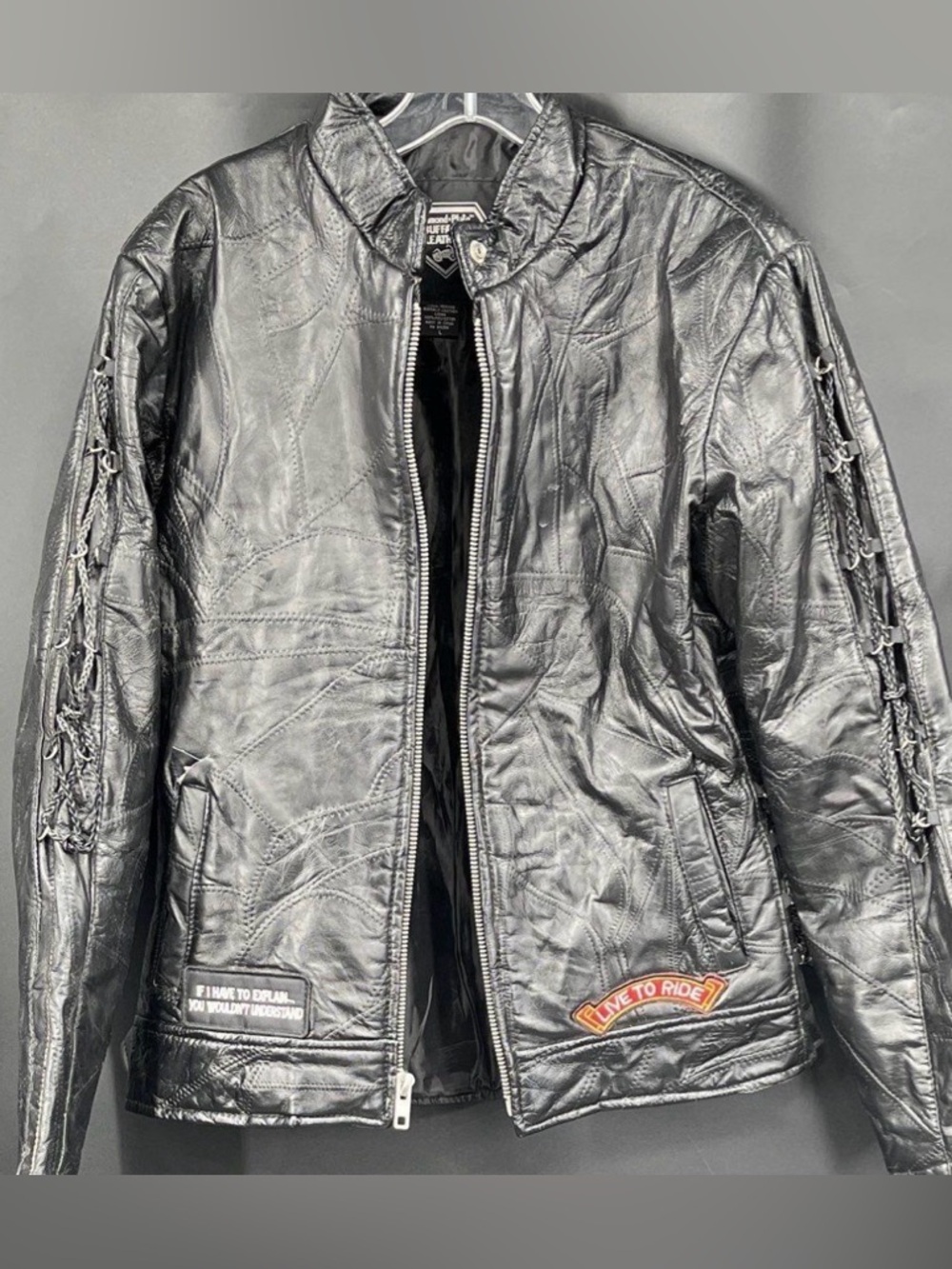 Men’s L Diamond Plate Patchwork Genuine Buffalo Leather Motorcycle Jacket